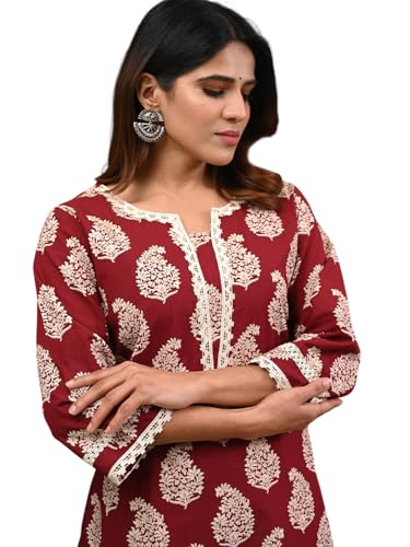 Image of Rimeline Women's Cotton Printed Kurta with Lace Yoke Detail | Elegant Straight Fit Ethnic Wear for Office, Casual & Daily Styling