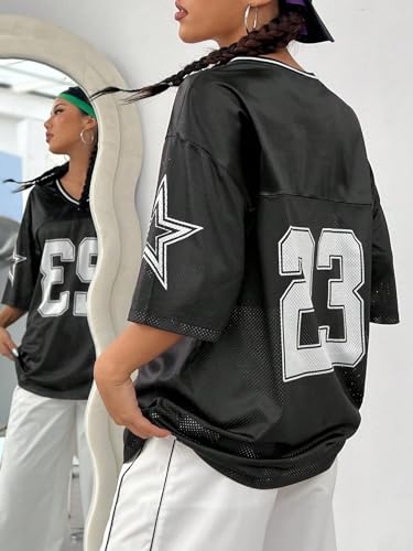 Verdusa Jersey Shirts for Women Y2K Graphic Tees Oversized Streetwear Letter Print T Shirt V Neck Tee Top2