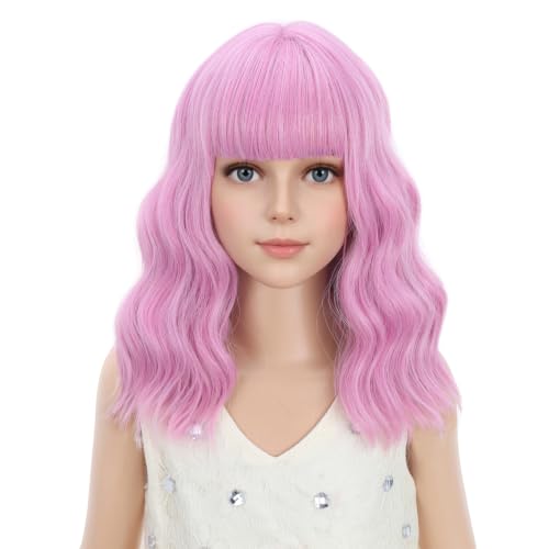 Image of PATTNIUM Light Pink Wig for Kids Short Wavy Pink Wig with Bangs Girls Synthetic Hair for Cosplay Costume
