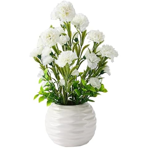 Angerlo Artificial Carnation Flowers in Vase, Realistic Fake Flower with Pot Lifelike Faux Floral Plants for Table Centerpiece Arrangement Home Office Indoor Room Decor (White) Cover