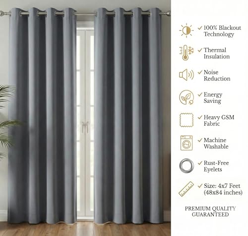 Image of VAS COLLECTIONS 100% Blackout Door Curtains, 7 Feet (121x215 cm) Set of 2, Plain, Thermal Insulated, Room Darkening Curtains for Living Room, Bedroom, (Charcoal Grey)