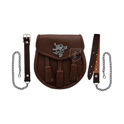 Image of Scottish Original Leather Sporran with Leather Belt & Chain (Brown Leather Rampant Lion Sporran)