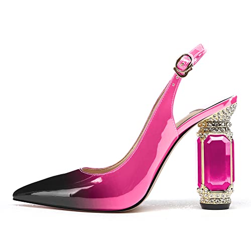 Image of JANSEVEN Women Chunky Heels Pumps Crystal Block Heels with Rhinestones Pointed Toe Sexy Gradient Patent Leather Slip on Bridal Party Wedding Dress Shoes 5-13 M US