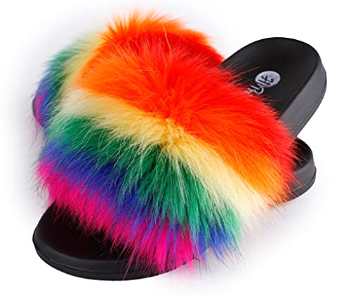 Image of Women's Faux Fur Slides, Open Toe Cute Fur Slippers, Indoor or Outdoor Comfortable Furry Slide Sandals With Fluffy Fur