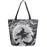 ZzWwR Flying Witch Silhouette On Broomstick Bats Print Extra Large Canvas Shoulder Tote Top Storage Handle Bag for Gym Beach Weekender Travel Reusable Grocery Shopping