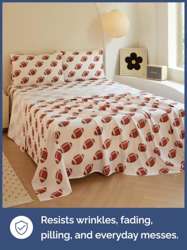 Image of Kids Full Size Football Bed Sheets - 4 Piece Kids Football Sheet Set - Sporty Touchdown Bedding - Ultra-Soft, Cute & Cozy - Breathable & Machine Washable - Bed Set for Boys, Girls, Teens & Toddlers