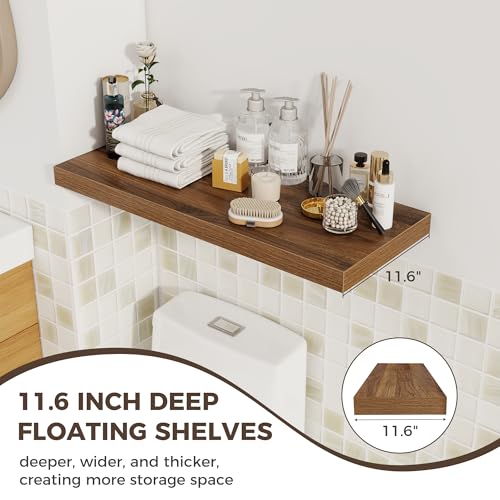 Image of Fun Memories 12 Deep Floating Shelves for Wall | 30W x 12D Large Floating Shelves | 2 Pack Storage Space Wall Mount Shelf for Living Room Bathroom Toilet Laundry Room Kitchen Home Office - Walnut