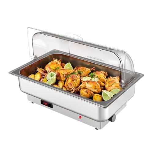 600W Electric Chafing Dish - Stainless Steel Heat Retainer with PC Rolltop Lid for Buffet Food Heating and Long-Lasting Warmth