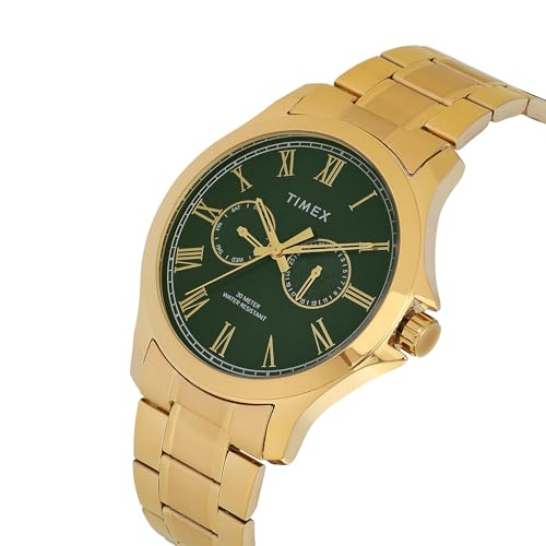 Image of TIMEX Analog Watch for man with Green Round Dial & Rose Gold Stainless Steel Bracelet Band Water Resistant Men's Wrist Watches - TW000X142