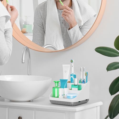 Chintu Bathroom Toothbrush Holders for Countertop - Electric Toothbrush Organizer 6 Slots Tooth Brush Organization for Kids Family, Toothpaste Holder for Bathroom Vanity Organizer Storage White