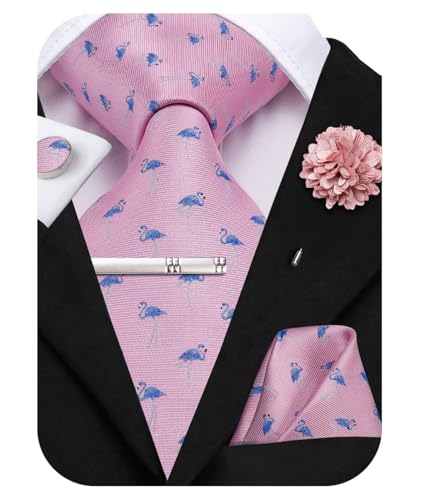 Image of Hi-Tie Light Pink Blue Flamingo Jacquard Men's Tie Sets Classic Necktie and Pocket Square Lapel Pin Silver Tie Clip Cufflinks Set Wedding Business 6PCS