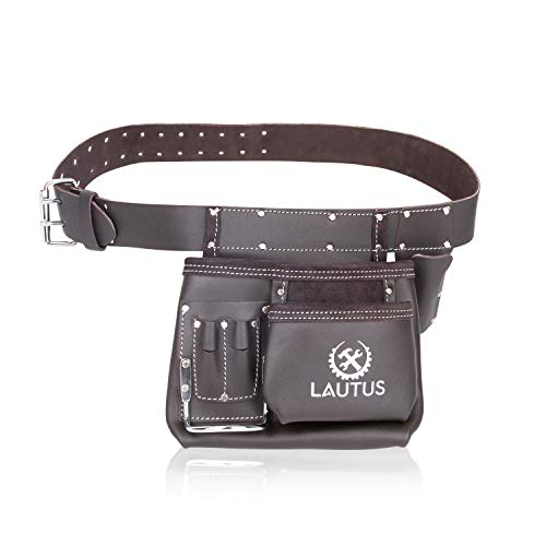 Image of LAUTUS 5 Pocket Oil Tanned Leather Tool Belt - Multifunctional Tool Pouch /Bag /Apron Carpenter, Construction, Framers, Handyman, Electrician | 30-Inch to 46-Inch | Brown| Hammer Holder| Built Tough|