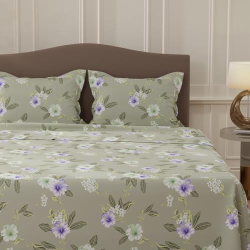Image of Layers 100% Cotton Bedsheet for Double Size Bed | Lumina Floret Collection | 144 TC Soft & Breathable | Floral Print with 2 Pillow Covers | Wrinkle Free | 3 Piece Bedding Set - Grey & Purple