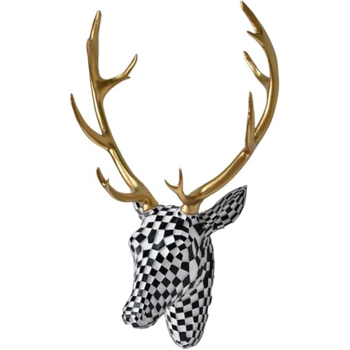 XYZWOMN Deer Head Wall Decor 15.7 Inch Faux Resin Animal Head Wall Mount with Gold Antlers Modern Mosaic 3D Wall Art Sculpture for Living Room Bedroom Home Decoration Black and White