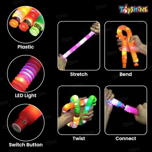 Image of Toyshine LED Flashing Pop Tube Fidget Toy 6 Pcs - Fun Pull and Pop Sensory Toys for Kids Adults - Stretch and Bend ADHD Autism Anxiety Stress Relief - Great Gift Party Prizes,Multicolour