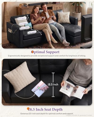 Image of Black Faux Leather Sofa, L-Shaped Sectional Couch, USB Ottoman, Living Room | TYBOATLE, Faux Leather Sectional Sofa, L Shaped Couch, Modular Convertible, Side Pockets, Living Room, RV, Apartment, Office