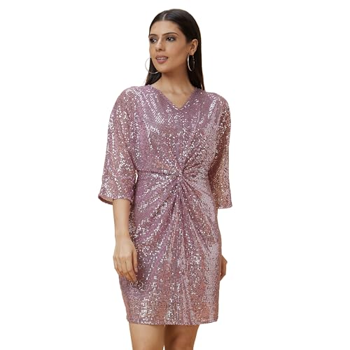 Image of Globus Women Pink Embellished V-Neck Midi Bodycon Dress with Twist Waist Detail-3639396001