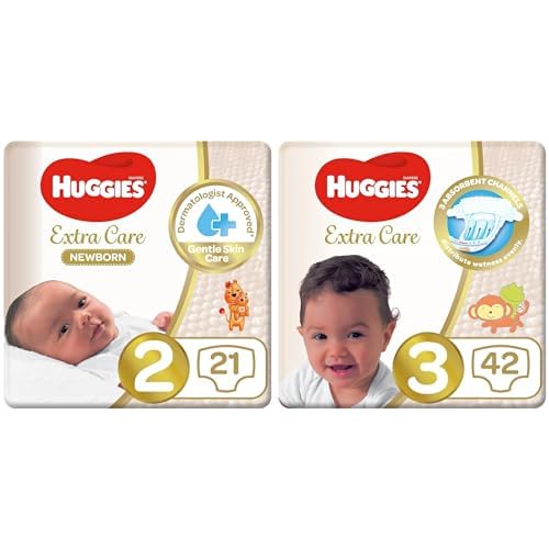 HUGGIESExtra Care Upsize Pack (Size 2-21 Diapers) and (Size 3-42 Diapers) -63 Diapers