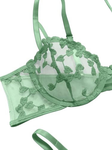 Image of Lilosy Sexy Underwire Cute Push Up Strappy Embroidered Mesh Sheer Lingerie Set See Through Panty Bra
