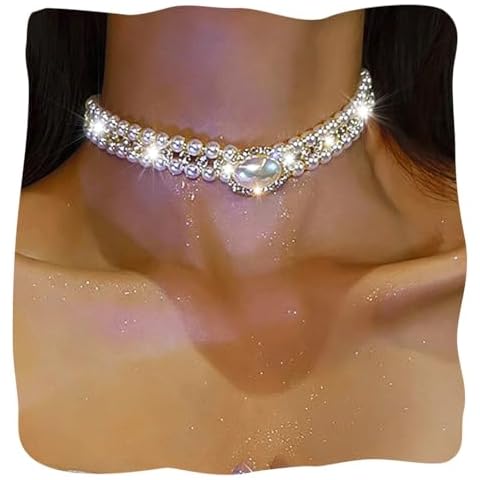 JEAIRTS Pearl Choker Necklace Gold Sparkly Rhinestone Chokers Bling Multi-Row Crystal Necklaces Chain Prom Costume Necklace Jewelry for Women Cover