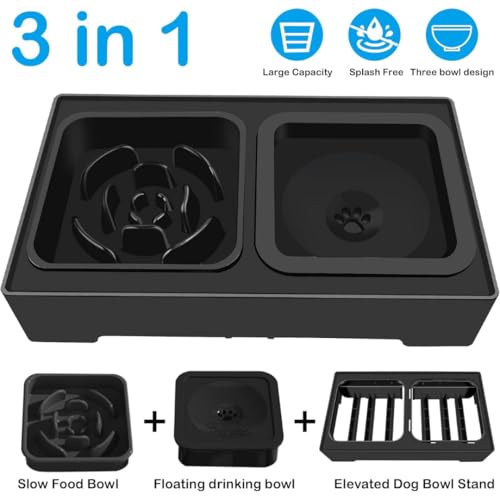 Image of Adjustable Elevated Dog Bowls, 4-Height Stand (3.4 inch-11.3 inch) for Small, Medium & Large Dogs, (Slow Feeder Bowl) No-Spill Water Bowls, Reduces Neck & Joint Strain