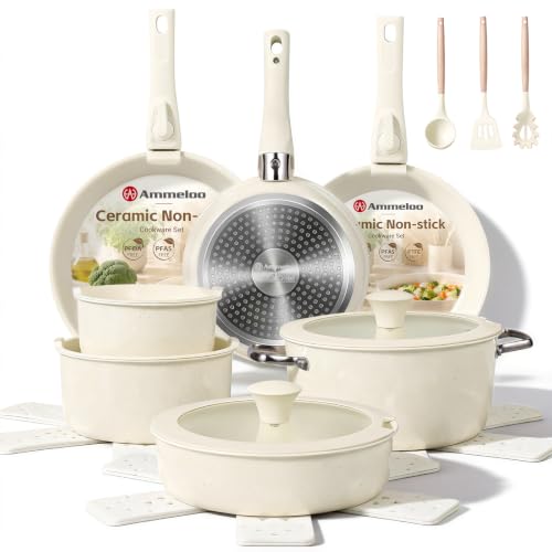 Image of Ammeloo 24-Piece Ceramic Pots and Pans Set Non Stick, Ceramic Cookware Set with Removable Handles, Space Saving, Induction & Oven & Dishwasher Safe, For Small Kitchen, Apartment, RV, Cream White