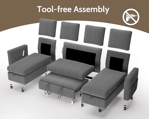 Image of WEUP 106 inch U Shaped Sectional Sleeper Sofa Bed with Pull Out Bed, Sectional Sleeper Couch Pull Out Couch with Reclining Backrest /Reversible Storage Chaise /USB Ports /Tool-Free Assembly, Corduroy Grey