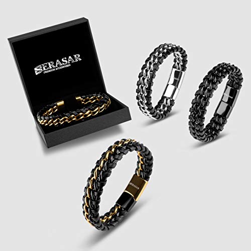 Serasar Gold Bracelets For Men 17Cm Gold Bracelet Gift-Box Genuine-Leather Cowhide Braided Adjust-Able Magnetic-Clasp Multi-Layer Wrap Rope Man Mans Male Boy Boys Band Jewelry Magnet Accessories #TOP6