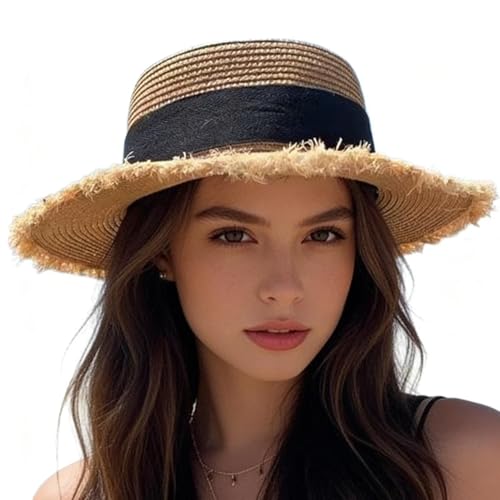 Generico Sombrero de paja de sol – Gorro de vacaciones al mar de tesa ancha | Sombrero de playa con para mujeres: playa, crucero, piscina, jardinería, boda, fiesta, picnic, viaje