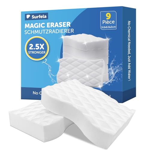 Surfela Eponge Magique Melamine 9 Pièces – Gomme Magique Mur Blanc, Efface Taches Tenaces sans Produit Chimique, Haute Densité 2,5X Plus Durable, Nettoyage Cuisine & Salle de Bain