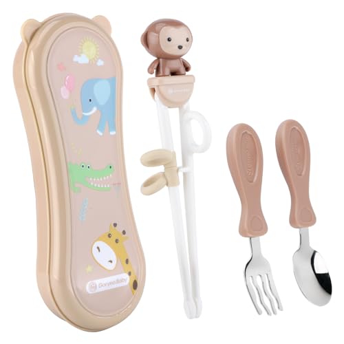 Image of Goryeo Baby Toddler Utensils Stainless Steel Kids Silverware Set with Kids Training Chopsticks and Baby Spoon and Fork for Self Feeding Learning with Case