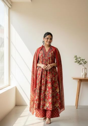 Image of Red Anarkali Rayon Kurti Set for Women | Viscose Kurta Pant Dupatta | Plus Size Ethnic Outfit (S-7XL)
