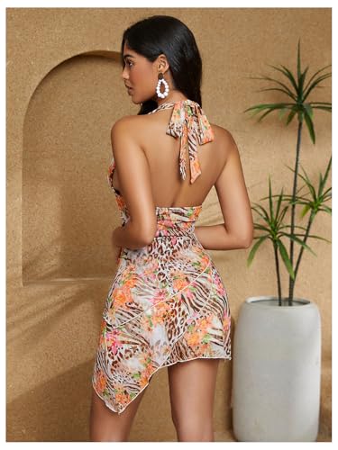 Image of Milumia Women's Floral Leopard Tie Backless Halter Short Dress Sexy V Neck Layered Mesh Mini Dress