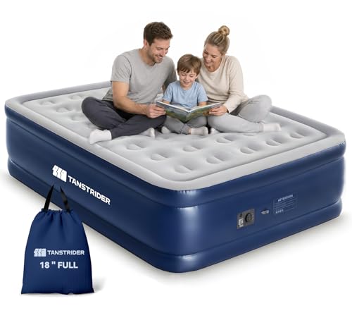 TANSTRIDER Full Size Air Mattress with Built in Pump 18 Raised Blow Up Mattress in 3 Mins Inflation/Deflation Double Inflatable Air Bed for Guests & Home Outdoor colchon inflable 600lbs Max