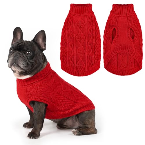 Image of PUPTECK Dog Sweater, Turtleneck Warm Knitted Pullover Coat, Thick Cable Knitwear Clothes in Winter, Pet Apparel Outfits for Small Medium Dogs, for Cold Weather Indoor & Outdoor, Red XS