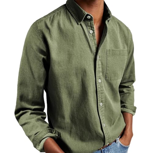 Camisa Hombre Manga Larga Camisa Botones con Solapa con Bolsillos Regular Fit Casual Shirts Top Color Sólido
