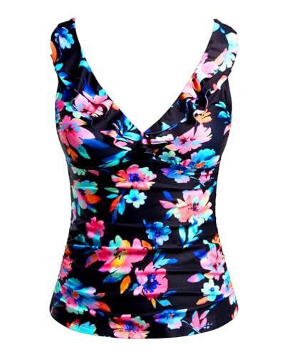 Image of Ruffle V Neck Tankini Top Only Women Tummy Control Swimsuit Tank Top | Removable cups for custom bust lift, Blend soft spandex to stretch easily