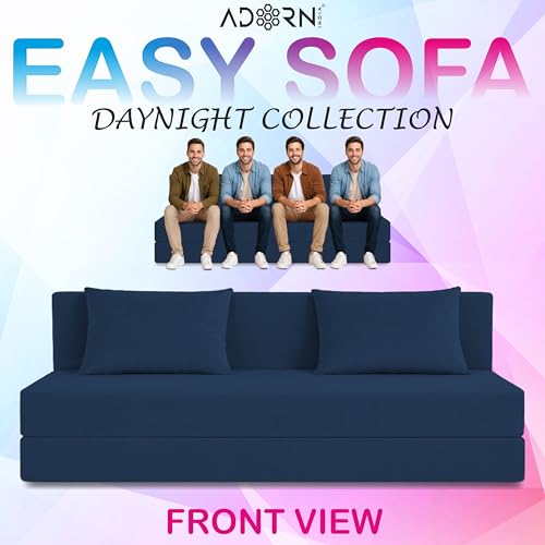 Image of Adorn India Easy 4 Seater Sofa Cum Bed | Velvet Fabric | Blue | Plain Design | 6x6 Ft | Comfortable Seating | Washable Cover | Perfect for Home & Office
