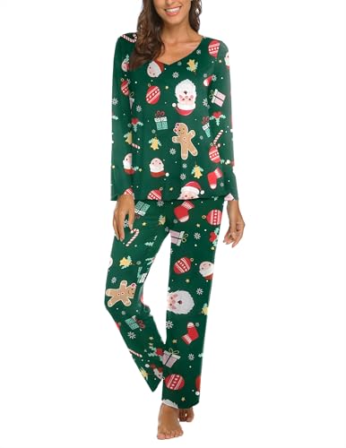 Ekouaer Pyjamas, dam, lång pyjamas-set, mysig nattkläder, tvådelad höstpyjamas, långärmad hemmadräkt, Jul, L