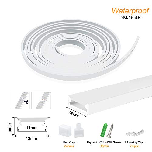 Birray 16.4Ft/5M Silicone Led Channel System, U Shape 5X13Mm Diy Led Neon Rope Light Ip67 Waterproof Tube For 10Mm Led Strip Lights Installation, For Indoor Outdoor Ambient Decor (Led Dot Visible) #TOP1
