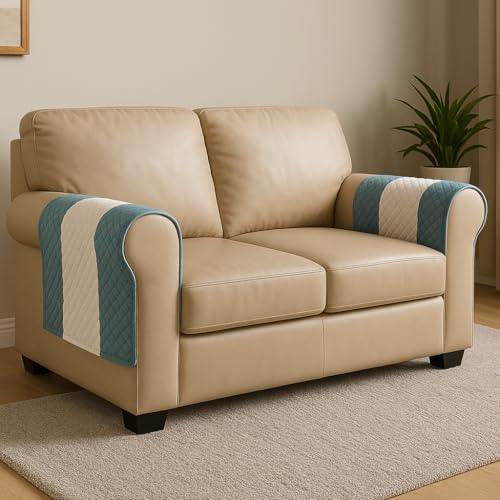 Image of Aqua Stripes Quilted Velvet Armrest Covers - Pair - Soothing Aqua Palette - Breathable Fabric - Anti-Slip Backing - Dust Spill Stain Guard - Made in India - Washable Quick-Dry