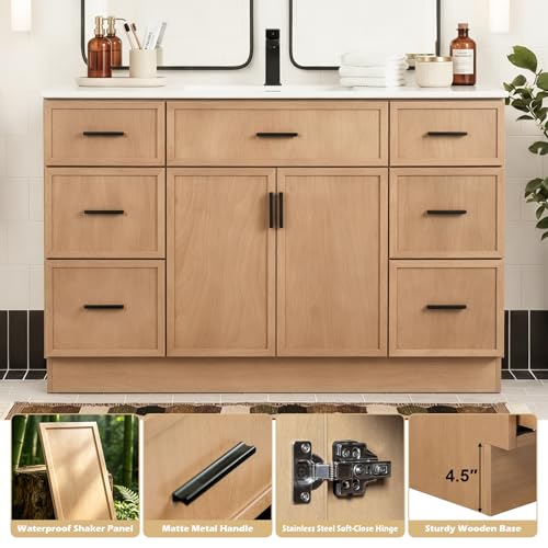 Image of 48 Inch Bathroom Vanity with Sink, Freestanding Bathroom Vanity Cabinet with 6 Drawers & 2 Doors, Modern Farmhouse Bathroom Sink Cabinet with Ceramic Basin, Floor Standing Storage (48 inch)