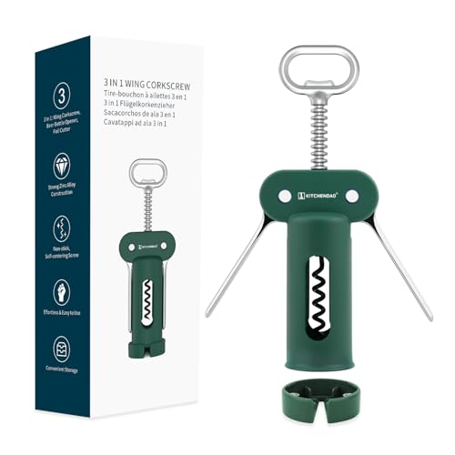 KITCHENDAO 3 in 1 Wing Corkscrew Wine Bottle Opener with Foil Cutter, Built-in Beer Bottle Opener, Multifunctional Wine Opener with Non-Stick Sharp Screw, Easy to Use, Manual Wine Corkscrew, Green