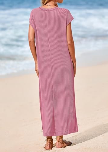 Image of KIRUNDO Womens Summer Ribbed Knit Short Sleeve Maxi Dress | 2026 Spring Henley Button Up Knitted Tshirt Dress, Loose Beach Vacation Sundress, Teacher Dress, Loose Fit Nursing Friendly