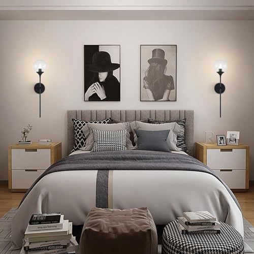 Image of KCO Lighting Matte Black Industrial Wall Sconces Set of Two 1-Light Mid Century Bathroom Wall Mounted Light Sconce Modern Clear Bubble Glass Globe Wall Sconce Lamp Set of 2