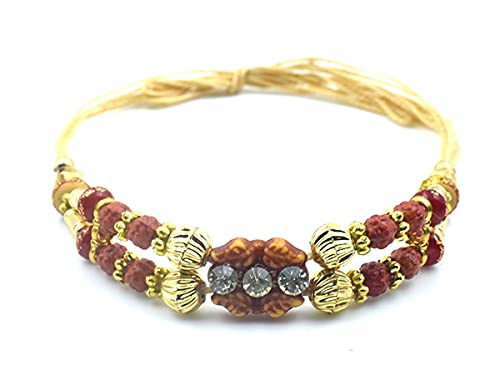 STORE INDYA Raksha Bandhan Rakhi for Brother with Greeting Card | Traditional Rakhi || Threaded Rakhi for Bhaiya | Premium Indian Rakhi || Diamond Rakhi (Yellow beads & Rudraksh)