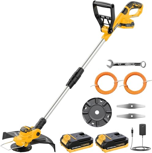 JYGMPRO Desbrozadora Bateria 21V, Cortabordes Bateria Brushless con 2 Baterías 2.0Ah, 2 Cuchillas, 2 Bobina de Hilo de 5 m, Mango Ajustable, Tubo Telescópico, Cabezal Pivotante 90° para Jardín Poda