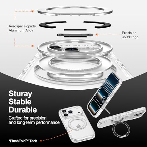 Image of Enflamo Crystal Clear Magnetic Case for iPhone 17 Pro | 360 Rotating Ring Stand | Military Grade Drop Protection | Anti-Yellow Transparent Cover