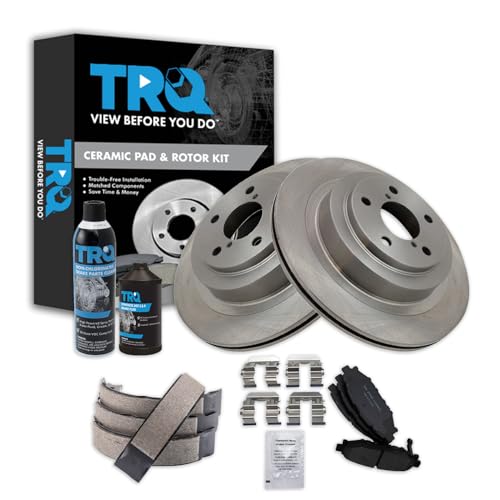 Image of TRQ Rear Brake Pad & Rotor Kit, with Chemical Kit Parking Brake Shoe Set Ceramic Compatible with 2008-2009 Subaru Legacy