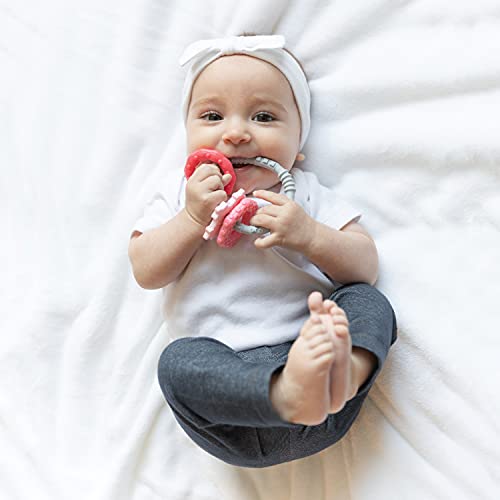 Image of Bumkins Baby Teething Freezer Toy Keys Rings, Soft Flexible Pacifier to Chew, Cool Teether Gum Relief, Babies 3 Months, Freezable Platinum Silicone, Sensory Bracelet with Charms, Pink and Gray